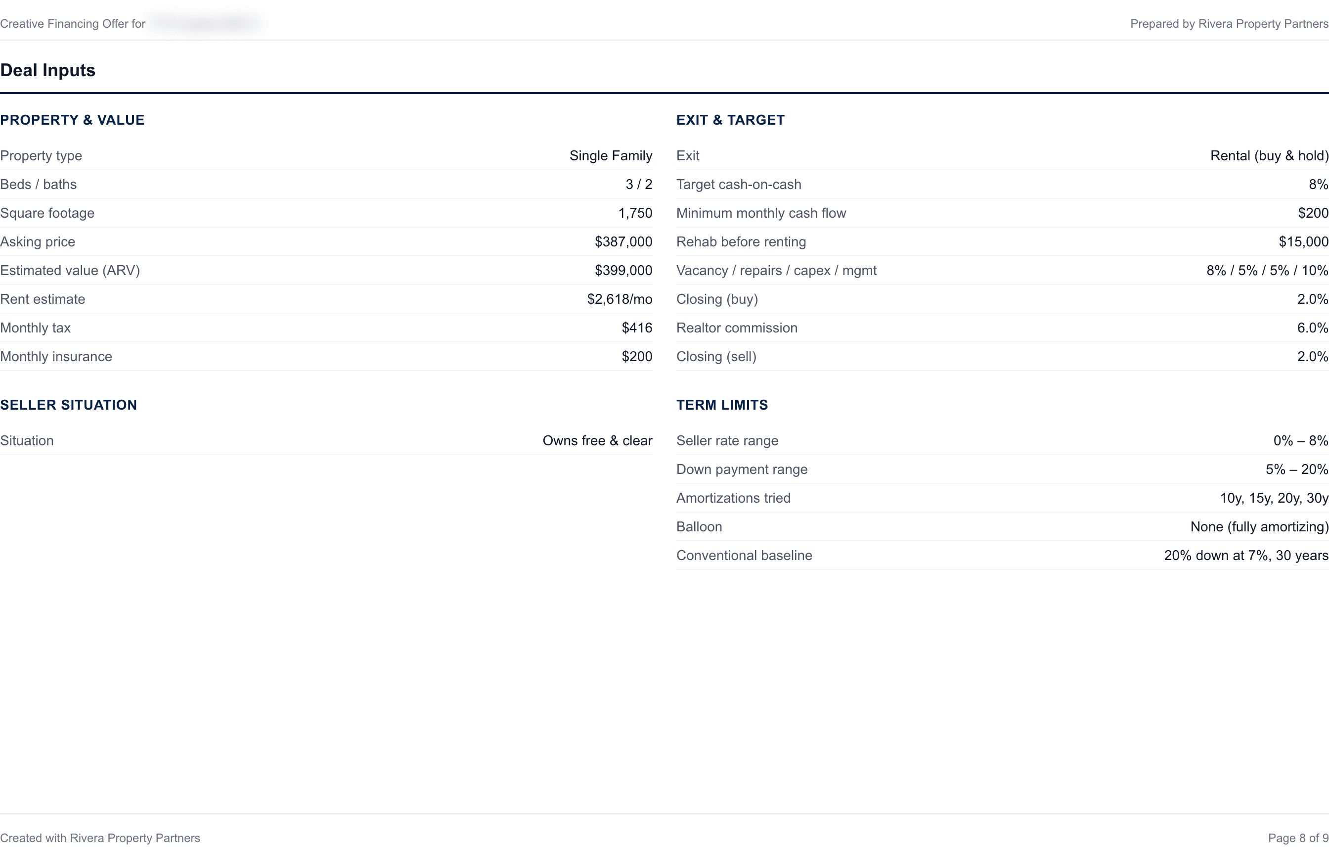 Creative financing report page 8, Deal Inputs: every assumption the offer was built from.